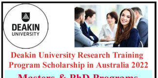 Deakin University Research Training Program Scholarship in Australia 2022