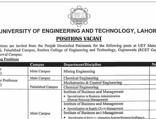 University of Engineering and Technology Jobs 2023 in Lahore