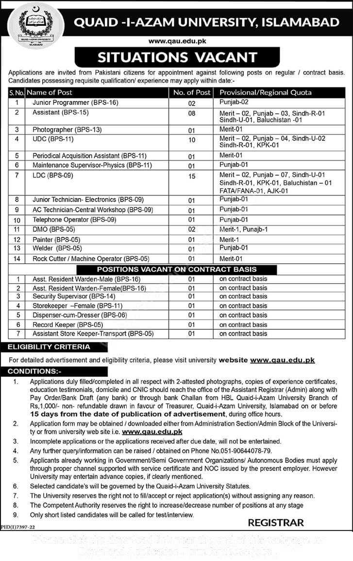 Official Advertisement for Quaid-e-Azam University Jobs 2023 in Islamabad